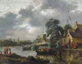 Flusslandschaft mit einer Festgesellschaft by Klaes (Nicolaes) Molenaer, Öl auf Leinwand, Kleisterdoublierung und Aufspannung der 1, offered Jun 2025