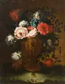 Bartolomeo Ligozzi, (in der Art von), Blumenstilleben mit Schnecke. Wohl frühes 18. Jh, Öl auf Leinwand