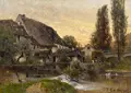 Karl Buchholz, Weimar – Blick über das Ilmwehr zur Burgmühle. Frühe 1870er Jahre, Öl auf Leinwand