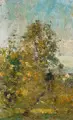 Rudolf Höckner, Spätsommertag mit Wanderer. Wohl 1920er/1930er Jahre, Öl auf Papier, verso mit Zeitungspapier hinterlegt