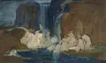 Ludwig von Hofmann, (zugeschr.), Badende an der Grotte (Studie), Wohl 1889/1890, Öl auf nicht grundierter Leinwand