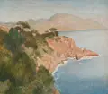 Bruno Paul Seener, Italienische Küstenlandschaft (Amalfitana?). 1920er Jahre, Öl über Bleistift auf Sperrholz