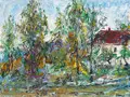 Erich Dietz, Gehöft hinter Bäumen (Haselbach bei Altenburg?). Wohl 1960er Jahre, Öl auf Malpappe