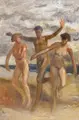 Zwei weibliche und ein männlicher Akt am Strand rennend by Harald Metzkes, 1986/1988, Öl auf Leinwand, offered Jun 2025
