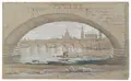 Woldemar Hottenroth, Blick auf Dresden von der Marienbrücke aus, Um 1860, Bleistiftzeichnung, sparsam aquarelliert und partiell weiß gehöht, auf grauem Papier