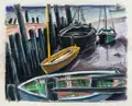 Siegfried Berndt, Ostsee – Fischerkähne am Anleger, 1929, Farbige Pastellkreidezeichnung auf "P.M