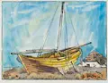 Siegfried Berndt, Fischerboote vor einer Kate auf Hiddensee, 1942, Holzschnitt, aquarelliert, auf Velin