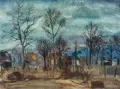 Theodor Rosenhauer, Radebeuler Gärten im Vorfrühling (verso: Rückenansicht Kat mit gelbem Hut), Wohl 1948, Aquarell über Blei auf "PM FABRIANO"-Bütten