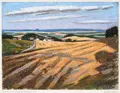 Ulrich Eisenfeld, Sommer im Vorerzgebirge bei Schmorsdorf, 2009/2025, Farbige Pastellkreidezeichnung auf grauem Karton