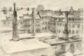 Albert Wigand, Hinterhäuser Prager Straße, Kohlestiftzeichnung, partiell gewischt, auf Zeichenkarton
