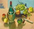 Georg Ludwig Neugebauer, Stillleben mit Chiantiflasche und Früchten. Wohl 1930er Jahre, Öl auf Leinwand