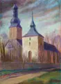 Bruno Paul, Stiftskirche in Ebersdorf bei Chemnitz. Wohl 1890er Jahre, Farbige Pastellkreidezeichnung, auf leichtem Papier, unfixiert