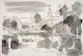 Hans Christoph, Erinnerungen an meine Kindheit – Steinigtwolmsdorf, Um 1950, Federzeichnung in Tusche, partiell laviert, auf kräftigem Papier