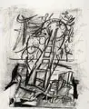 René Graetz, Skizze Rote Leiter, 1974, Kohlestiftzeichnung auf Maschinenbütten, am re