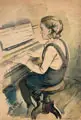 Kurt Schuster, Am Klavier, 1952, Aquarell und schwarze Kreidezeichnung auf bräunlichem Papier