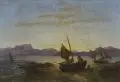 Robert Kummer, Boote am abendlichen Ufer, 1885, Öl auf Papier, auf Sperrholz montiert