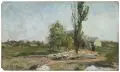 Franz Bunke, Schafherde am Dorfrand von Schwaan, Um 1890, Öl auf Holz