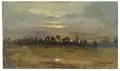 Louis Douzette, Darß – Blick über abendliche Wiesen, Wohl 1890, Öl auf Zedrelenholz (Westindische Zedrele, Zigarrenkistenholz)