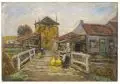 Helmuth Liesegang, Niederrheinisches Dorf mit Holzbrücke und Bäuerinnen. Wohl 1910er/1920er Jahre, Öl auf Holz