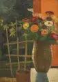 Richard Sander, Stillleben mit Zinnien und Passionsblume, 1934, Öl auf Leinwand