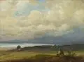 Richard Zimmermann, Rastender Wanderer am Ufer des Chiemsees. Wohl 1850er Jahre, Öl auf Holz