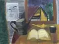 Peter Hofmann, Stillleben mit Gießkanne, Buch und Pfeife, 1995, Öl auf Hartfaser
