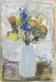 Maria Laufer-Herbst, Stillleben mit Blumenvase, 1996, Öl oder Acryl über Fettkreiden (?) auf Papier