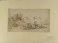 August Leopold Venus, Fahrt über den Strom. Festgesellschaft im Kahn, Wohl 1860, Federzeichnung in Tusche über Bleistift auf bräunlichem Papier