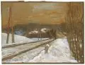 Emile-Frédéric Bernard, (zugeschr.), An der Eisenbahnstrecke im Winter, 1887, Aquarell, Gouache und Kohlestiftzeichnung auf hellbraunem Karton
