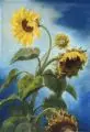 Richard Birnstengel, Sonnenrosen vor blauem Gewölk, Aquarelle auf Aquarellkarton bzw