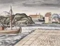 Irma Lang-Scheer, Herbstliche Landschaft / Hafenansicht. Ohne Jahr/1940, Aquarelle und Federzeichnungen in Tusche / Aquarell auf leichtem Karton