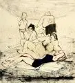 Josef Hegenbarth, Badestrand, 1955, Feder- und Pinselzeichnung in Tusche, sparsam koloriert, auf leichtem, gelblichen Karton