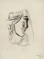 Hans Kinder, Mädchenkopf mit Tuch nach rechts, 1970, Feder- und Pinselzeichnung in Tusche