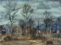 Theodor Rosenhauer, Radebeuler Gärten im Vorfrühling (verso: Rückenansicht Kat mit gelbem Hut), Wohl 1948, Aquarell über Blei auf "PM FABRIANO"-Bütten