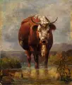 Friedrich Gauermann, Kuh in der Furt. Wohl 1830er/1840er Jahre, Öl auf Papier, auf Malpappe kaschiert und mit einer Kupferplatte hinterlegt