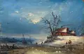 Jan Jacob Spohler, (in der Art von), Am winterlichen Fluss. Wohl spätes 19. Jh, Öl auf Papier, auf Malpappe kaschiert