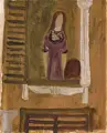 Alexander Camaro, Frau am Fenster. Wohl um 1946, Öl auf gelblichem Papier, auf Pappe kaschiert