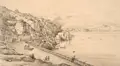 Achille Gigante, Strada nuova, 1842, Bleistiftzeichnung, partiell sparsam koloriert und weiß gehöht, auf ockerfarbenem Papier