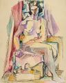 Edmund Daniel Kinzinger, Sitzender weiblicher Akt mit Korb, 1929, Gouache und Federzeichnung in Tusche auf festem gelblichem Velin