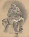 Gotthardt Kuehl, Flötenspieler. Ende 1870er Jahre, Kohlestiftzeichnung, partiell weiß gehöht, auf ockerfarbenem Papier