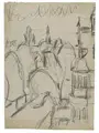 Albert Wigand, Haus mit Erker, Park und Kirchturm – Striesener Platz, Dresden, 1939, Kohlestiftzeichnung auf grauem, leichten Karton