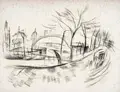 Richard Ziegler, Stadt am Fluss / Kampfszene am Flussufer / Paar am Meer / Badende / Kampf gegen das Ungeheuer / Zwei Kampfszenen, Um 1923, Lithografien, teils in Tusche überarbeitet