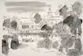 Hans Christoph, Erinnerungen an meine Kindheit – Steinigtwolmsdorf, Um 1950, Federzeichnung in Tusche, partiell laviert, auf kräftigem Papier