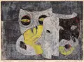 Helmut Gebhardt, Masken, 1973, Farblinolschnitt auf Velin