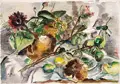 Hedwig Holtz-Sommer, Stillleben mit roter Sonnenblume und Birnen, Aquarelle. "Stillleben" u.li. monogrammiert und datiert "HSH 42", darunter in Blei betitelt