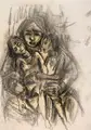 Hedwig Holtz-Sommer, Flüchtlinge / Zwei alte Frauen / Rufender Knabe / Sitzender Knabe / Interieur mit Figuren / Schlafende. Wohl 1950er bis 1970er Jahre, Kohlestiftzeichung / Federzeichnung in Tusche / drei Holzschnitte / Lithografie