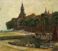 Th. Mahno, (?), Bootsanlegestelle vor der Stadt, 1917, Öl auf Leinwand