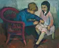 Christa Engler-Feldmann, Beim Fädchenspiel, 1961, Öl auf Hartfaser