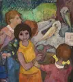 Christa Engler-Feldmann, Kinder im Zoo / Karl-Marx-Stadt, Wohl 1960, Öl auf Leinwand