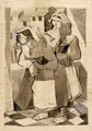Edmund Daniel Kinzinger, Zwei Italienerinnen auf dem Altan, 1930, Pinselzeichnung in schwarzer und grauer Tusche, sparsam in Gouache und Deckweiß gehöht, über Bleistift auf gelblichem Velin